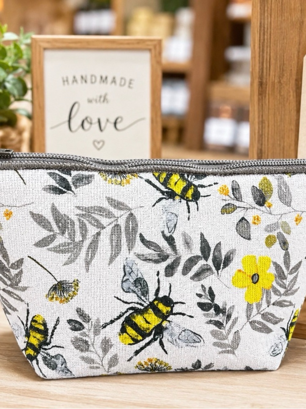 Hand Crafted Yellow & Gray Bee Floral Cosmetic Pouch
